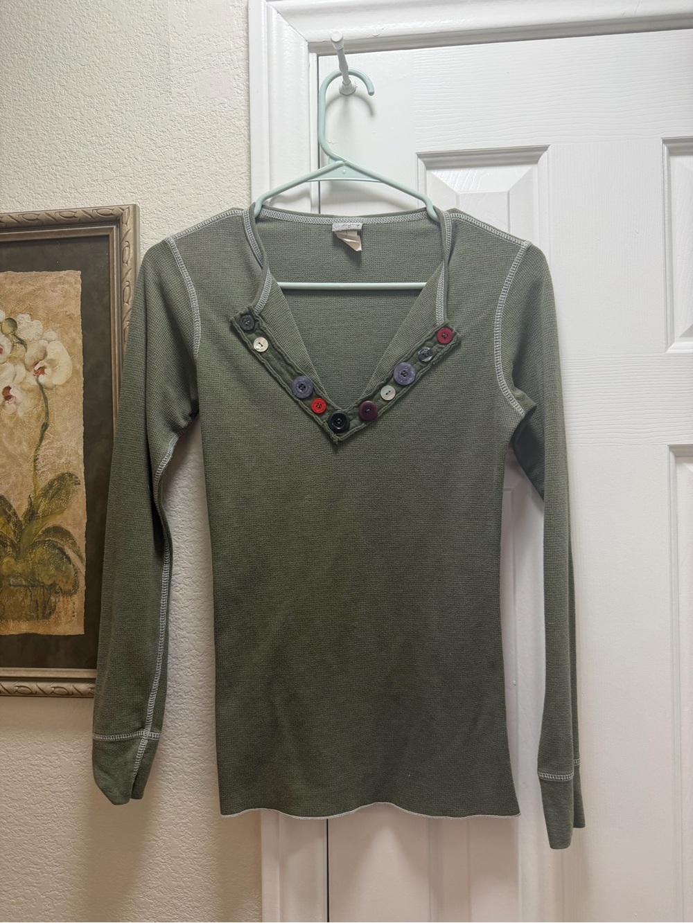 Daytrip Olive Long Sleeve V-Neck Top with Multicolor Button Trim
